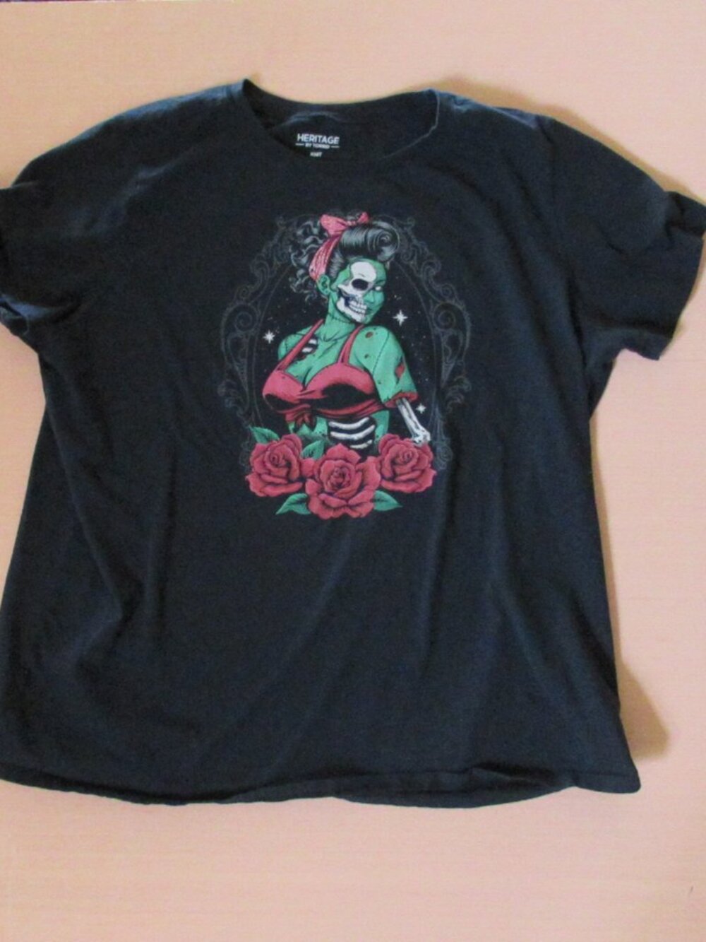 Heritage by Torrid Skeleton Pin‑Up Graphic Tee Black Roses Tattoo Art